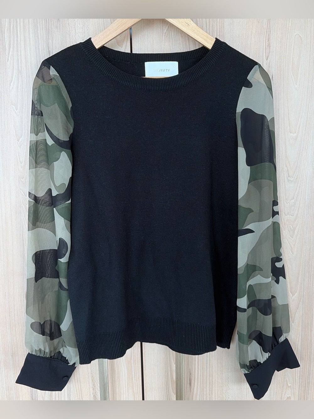 Y2K camo sheer sleeves sweater Six Fifty black knit size small